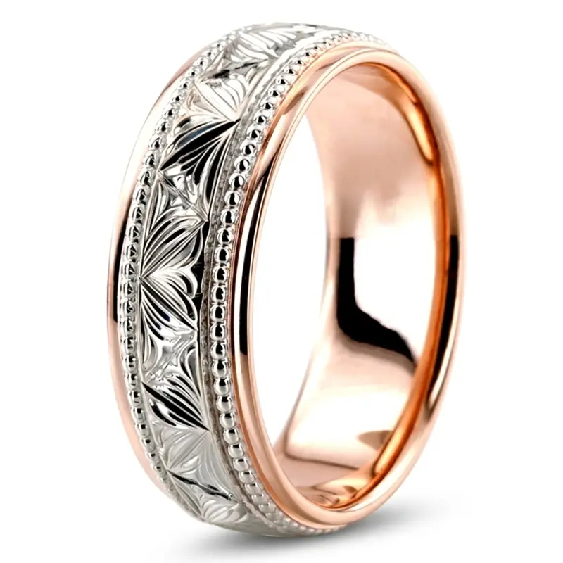 10K pink-white-pink gold 7mm. high polish Floral-bead-design-wedding-ring - alternate view 10