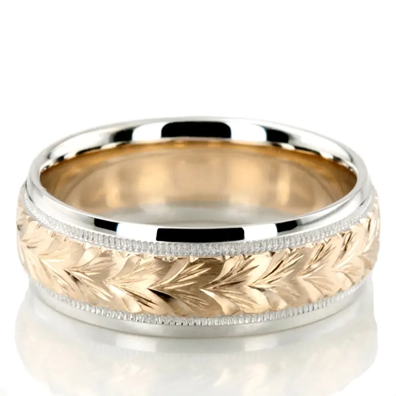 18K white-yellow-white gold 7mm. satin hand-engraved-fancy-carved-wedding-band - main view