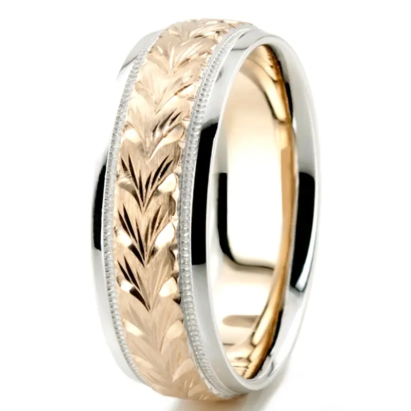 18K white-yellow-white gold 7mm. satin hand-engraved-fancy-carved-wedding-band - alternate view 8