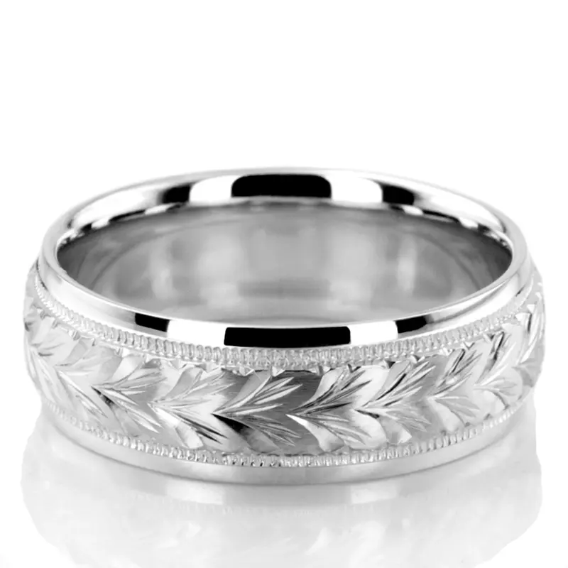 18K white gold 7mm. satin hand-engraved-fancy-carved-wedding-band - alternate view 2
