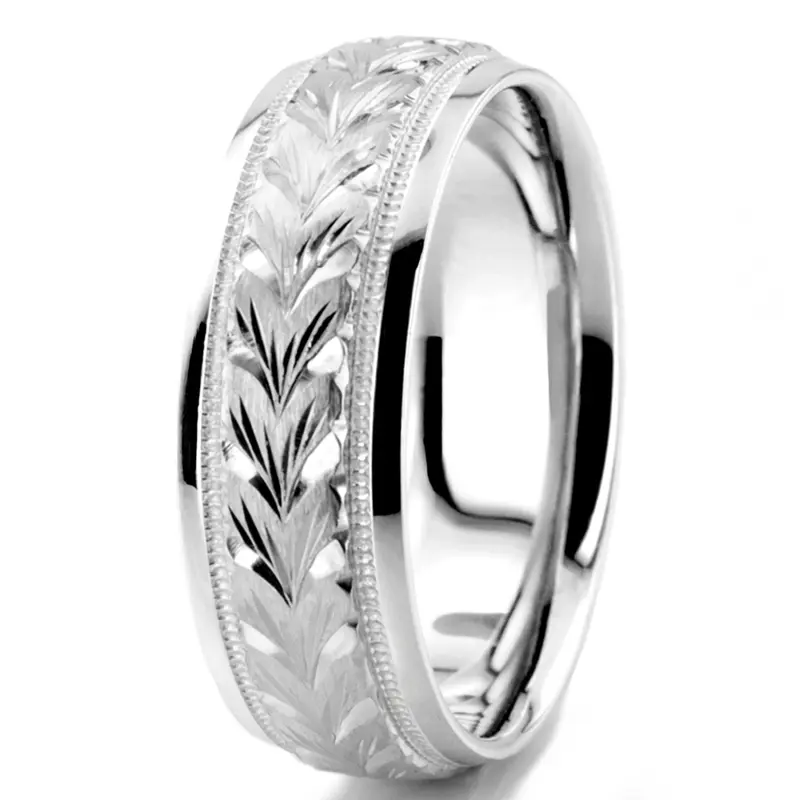 18K white gold 7mm. satin hand-engraved-fancy-carved-wedding-band - alternate view 9