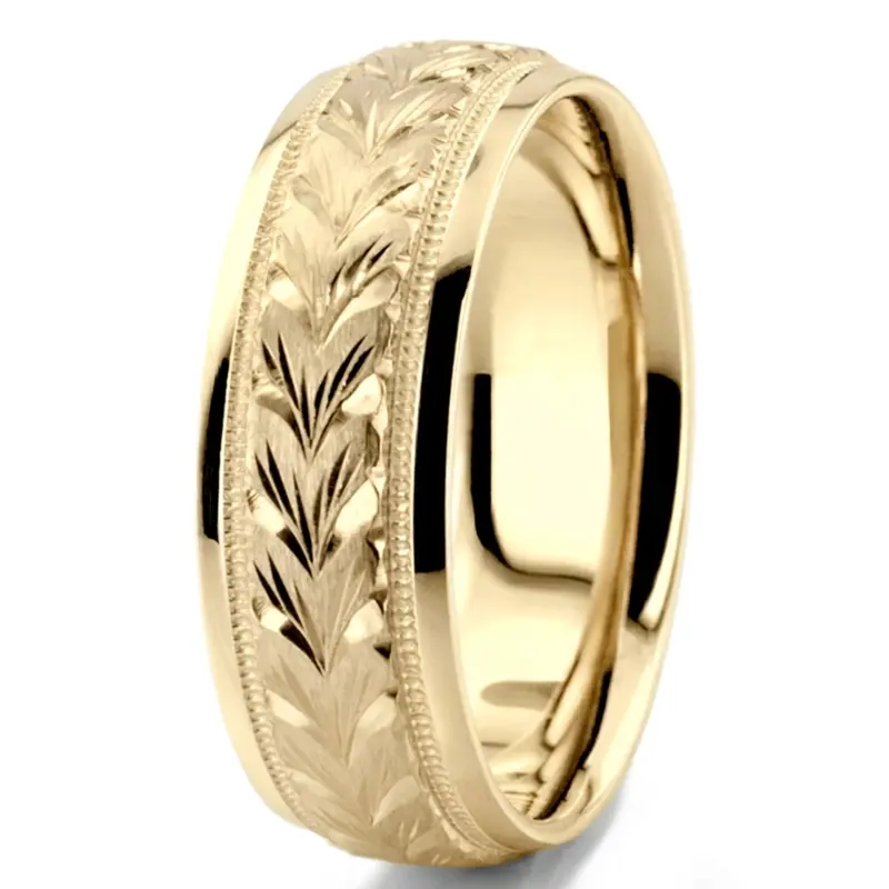 18K yellow gold 7mm. satin hand-engraved-fancy-carved-wedding-band - alternate view 10