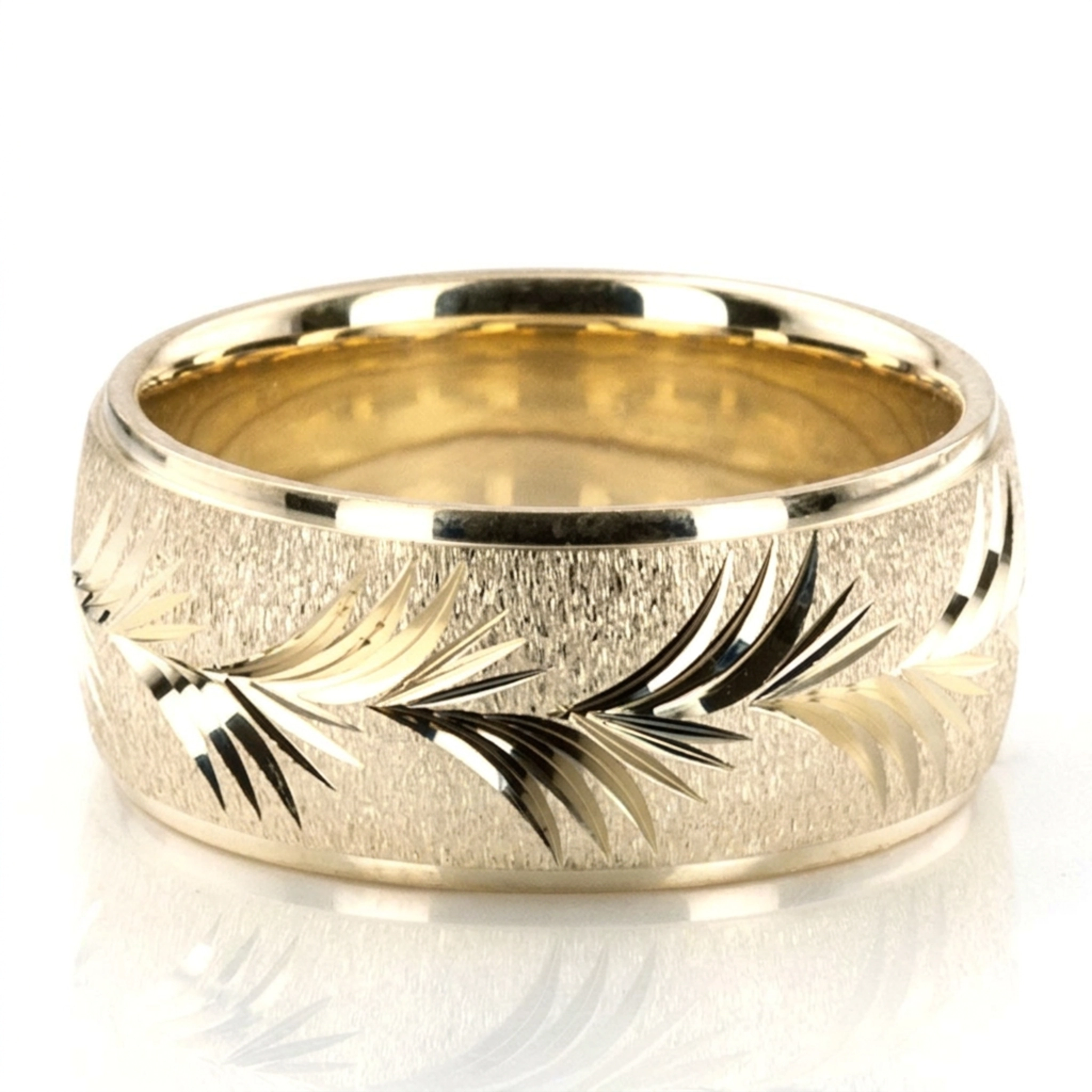 10K yellow gold 9mm. stone finish fancy-carved-diamond-cut-wedding-band - main view