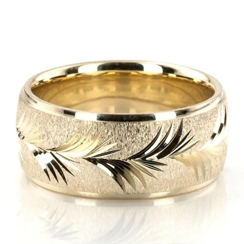 10K yellow gold 9mm. stone finish fancy-carved-diamond-cut-wedding-band - main view