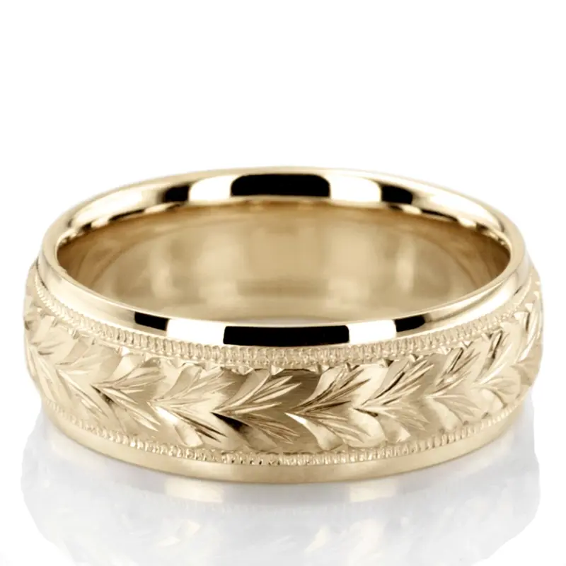 18K yellow gold 7mm. satin hand-engraved-fancy-carved-wedding-band - alternate view 3
