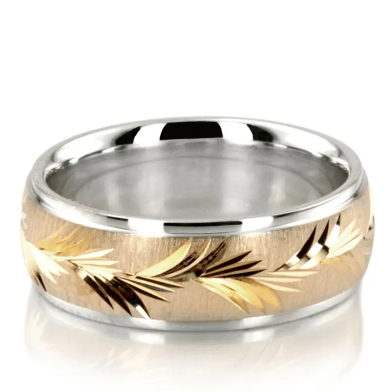 10K white-yellow-white gold 6mm. cross satin fancy-carved-diamond-cut-wedding-band - alternate view 7