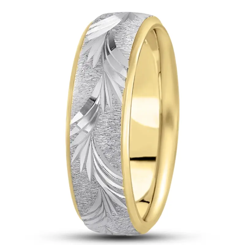 10K yellow-white-yellow gold 7mm. cross satin fancy-carved-diamond-cut-wedding-band - alternate view 4