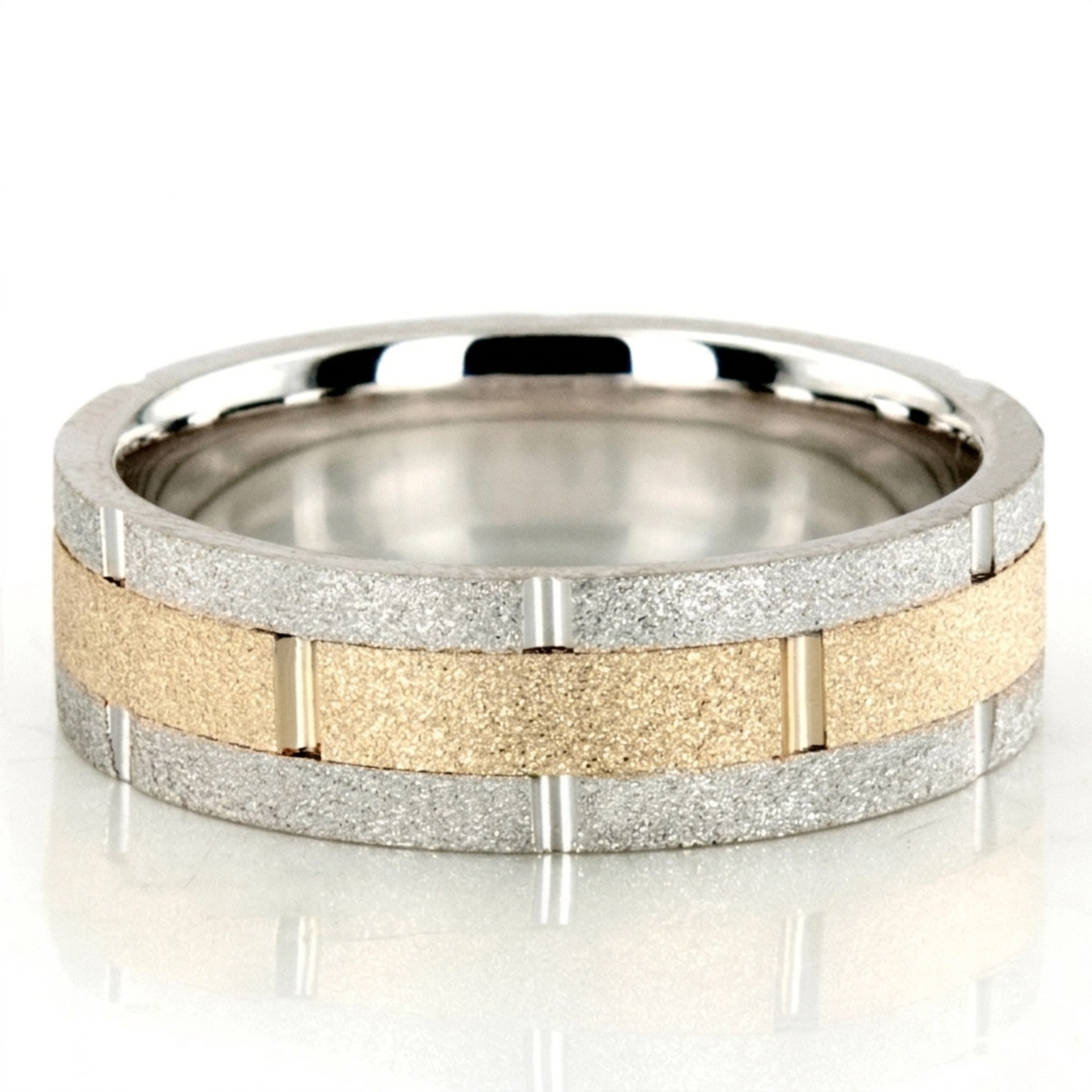 10K white-yellow-white gold 7mm. stone finish hand-made-wedding-ring - main view