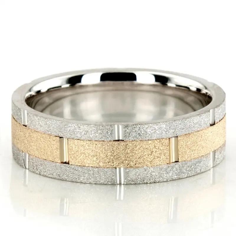 14K white-yellow-white gold 7mm. stone finish hand-made-wedding-ring - main view