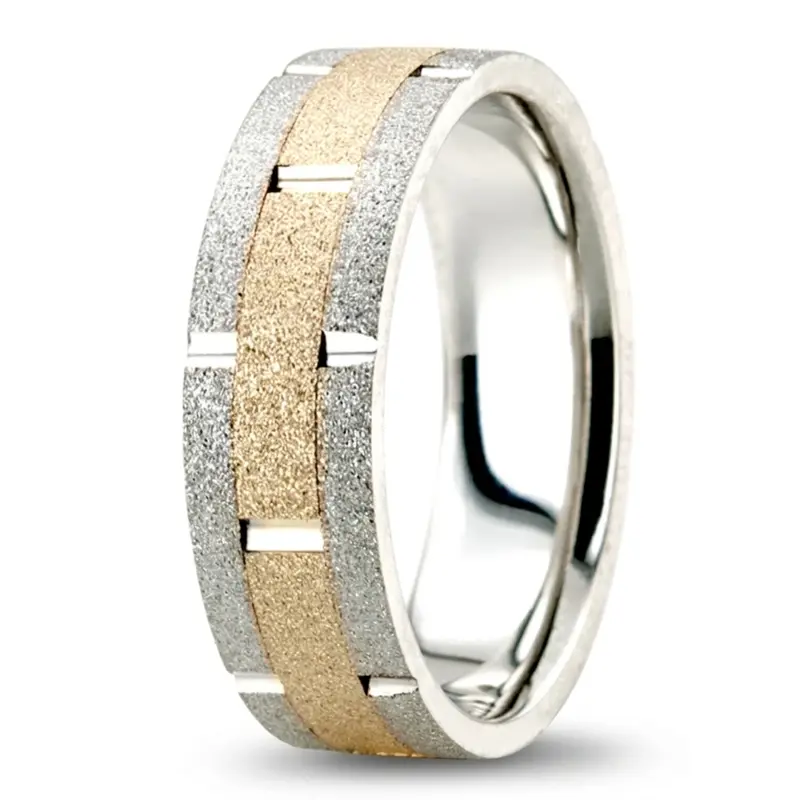 14K white-yellow-white gold 7mm. stone finish hand-made-wedding-ring - alternate view 4