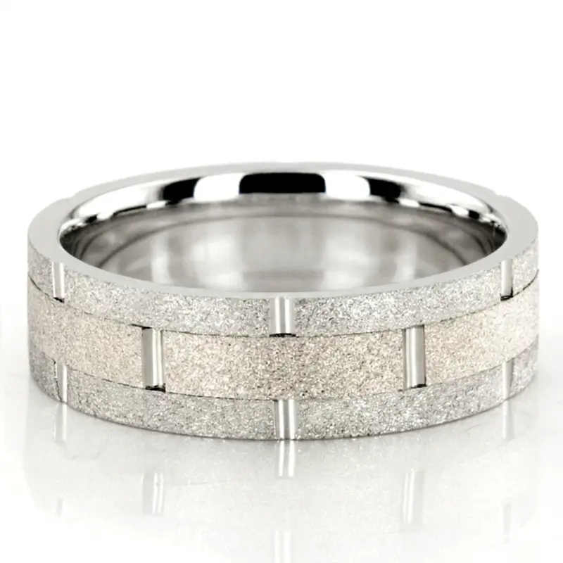 14K white gold 7mm. stone finish hand-made-wedding-ring - alternate view 2