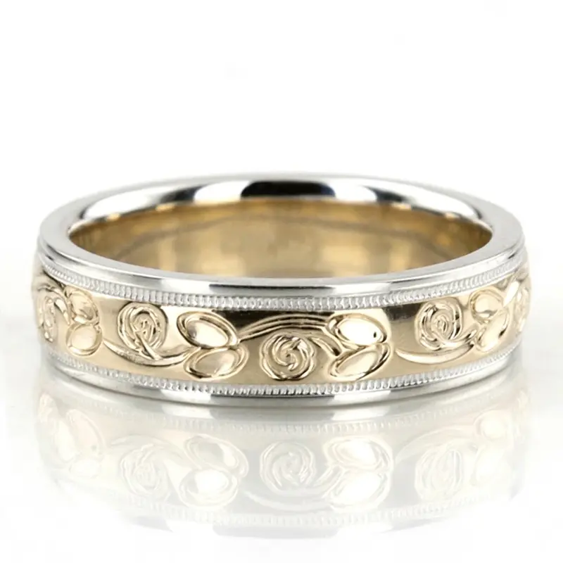 10K white-yellow-white gold 5mm. high polish fancy-carved-hand-engraved-wedding-band - main view