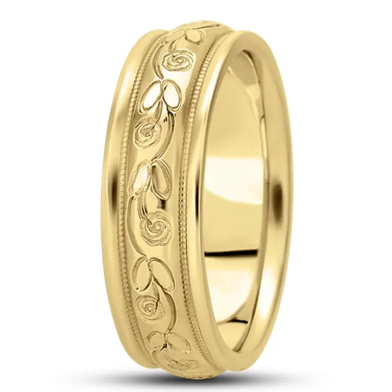 10K yellow gold 7mm. high polish fancy-carved-hand-engraved-wedding-band - alternate view 6