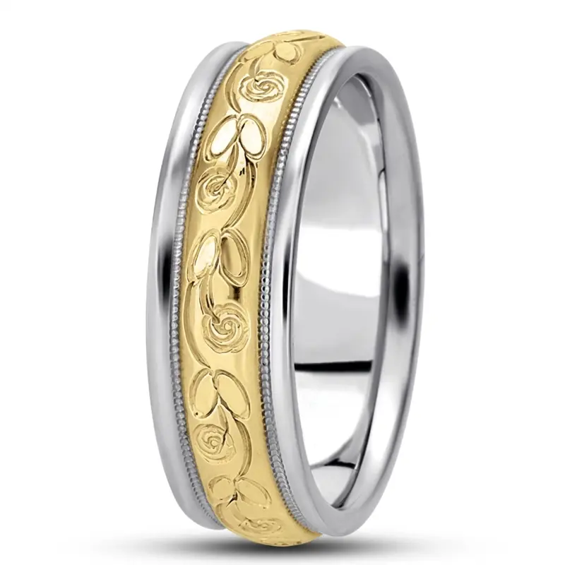 10K white-yellow-white gold 7mm. high polish fancy-carved-hand-engraved-wedding-band - alternate view 5
