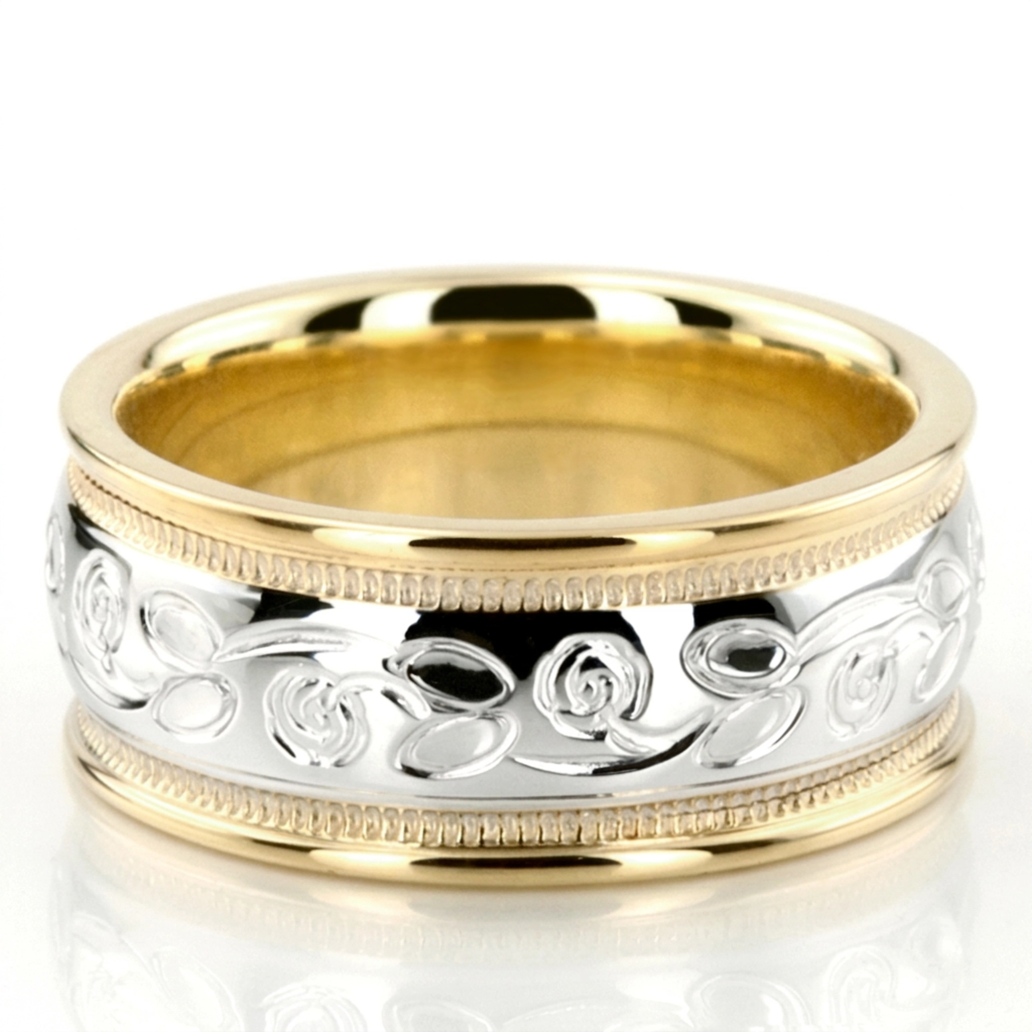 10K yellow-white-yellow gold 7mm. high polish fancy-carved-hand-engraved-wedding-band - alternate view 4