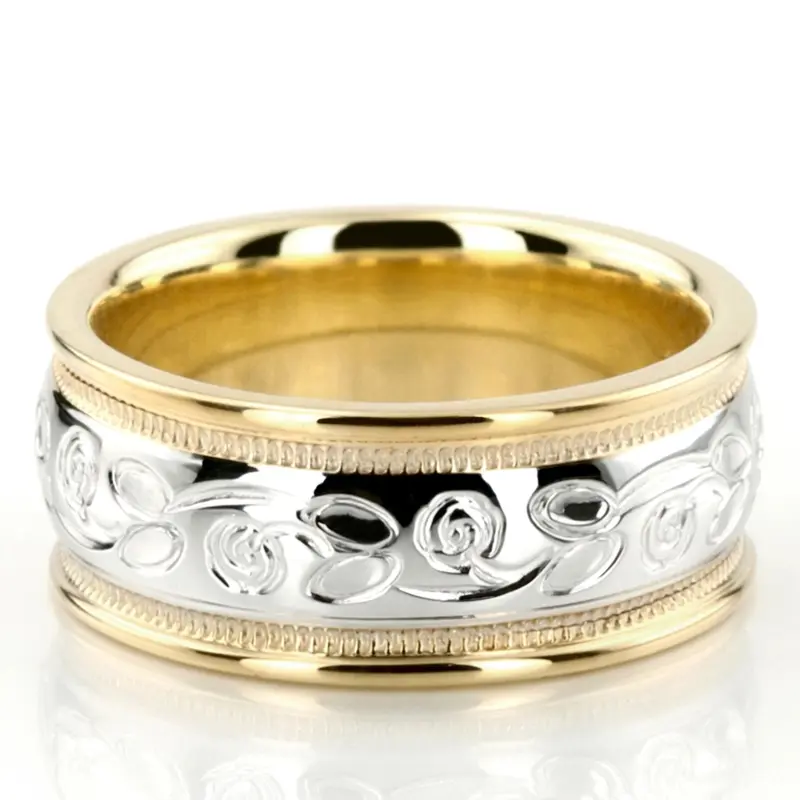 10K yellow-white-yellow gold 7mm. high polish fancy-carved-hand-engraved-wedding-band - alternate view 4