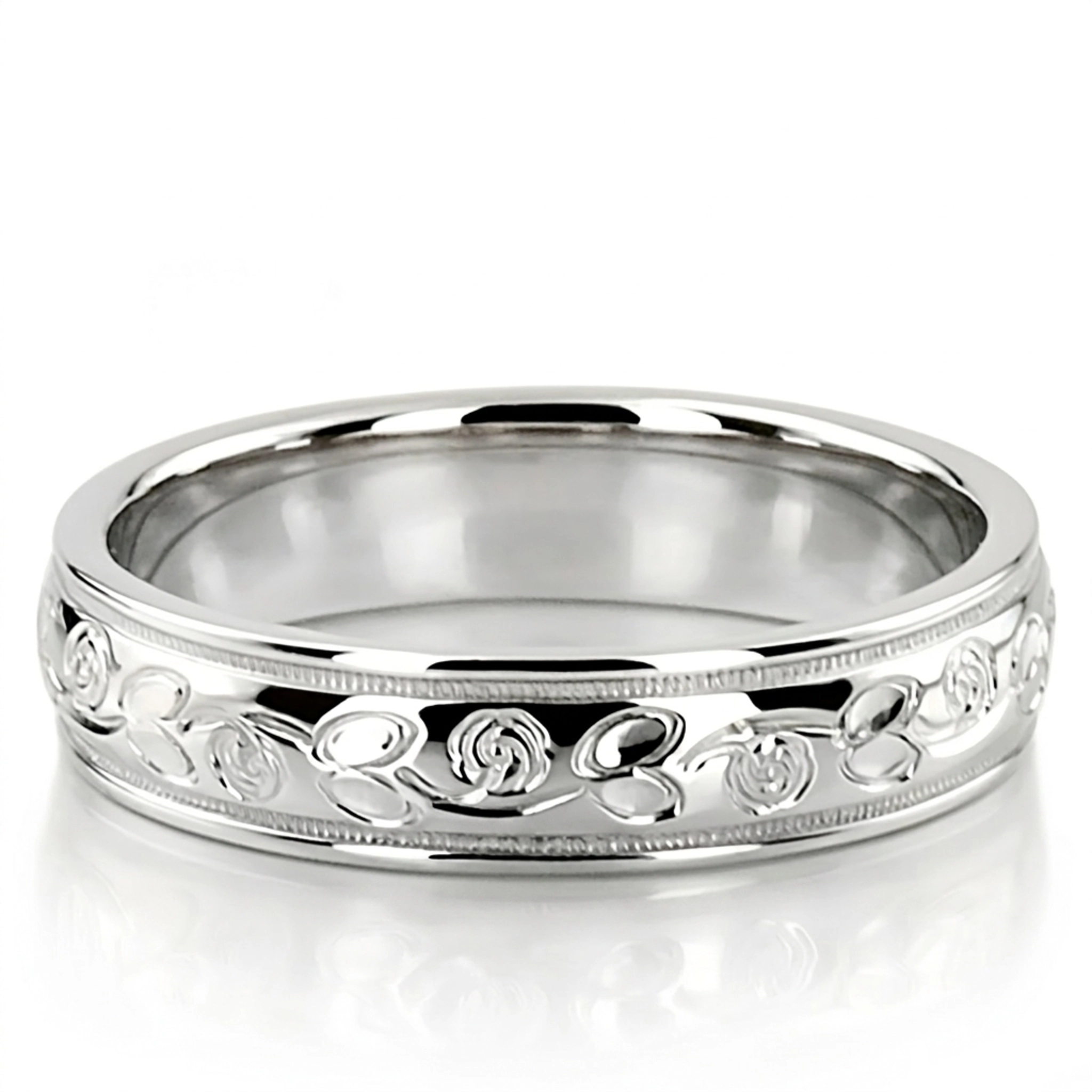 10K white gold 5mm. high polish fancy-carved-hand-engraved-wedding-band - alternate view 3