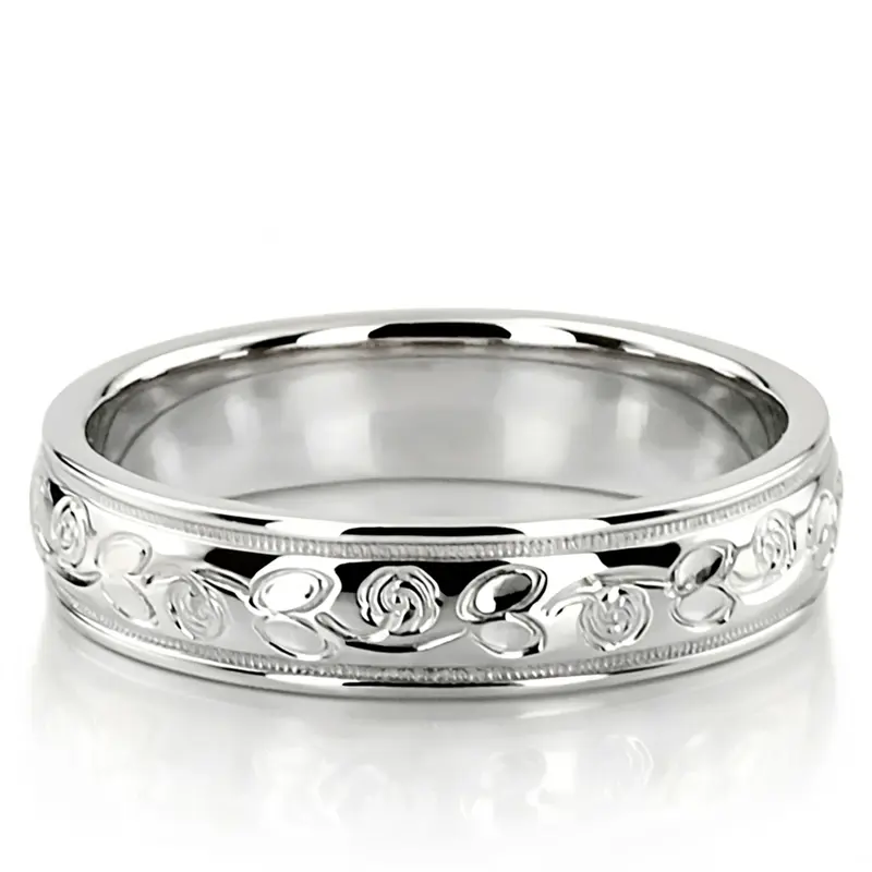 10K white gold 5mm. high polish fancy-carved-hand-engraved-wedding-band - alternate view 3
