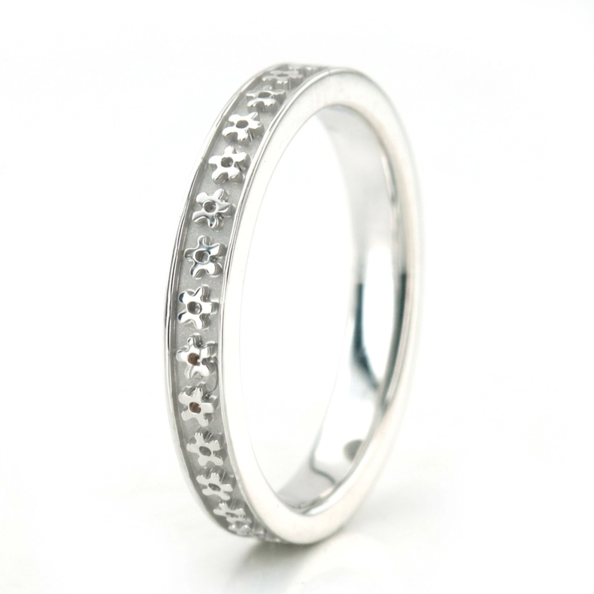 14K white gold 3mm. high polish Flower-Carved-Wedding-Ring - alternate view 5