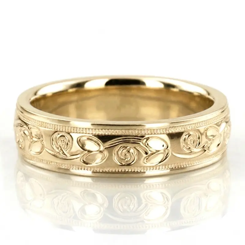 10K yellow gold 5mm. high polish fancy-carved-hand-engraved-wedding-band - alternate view 2