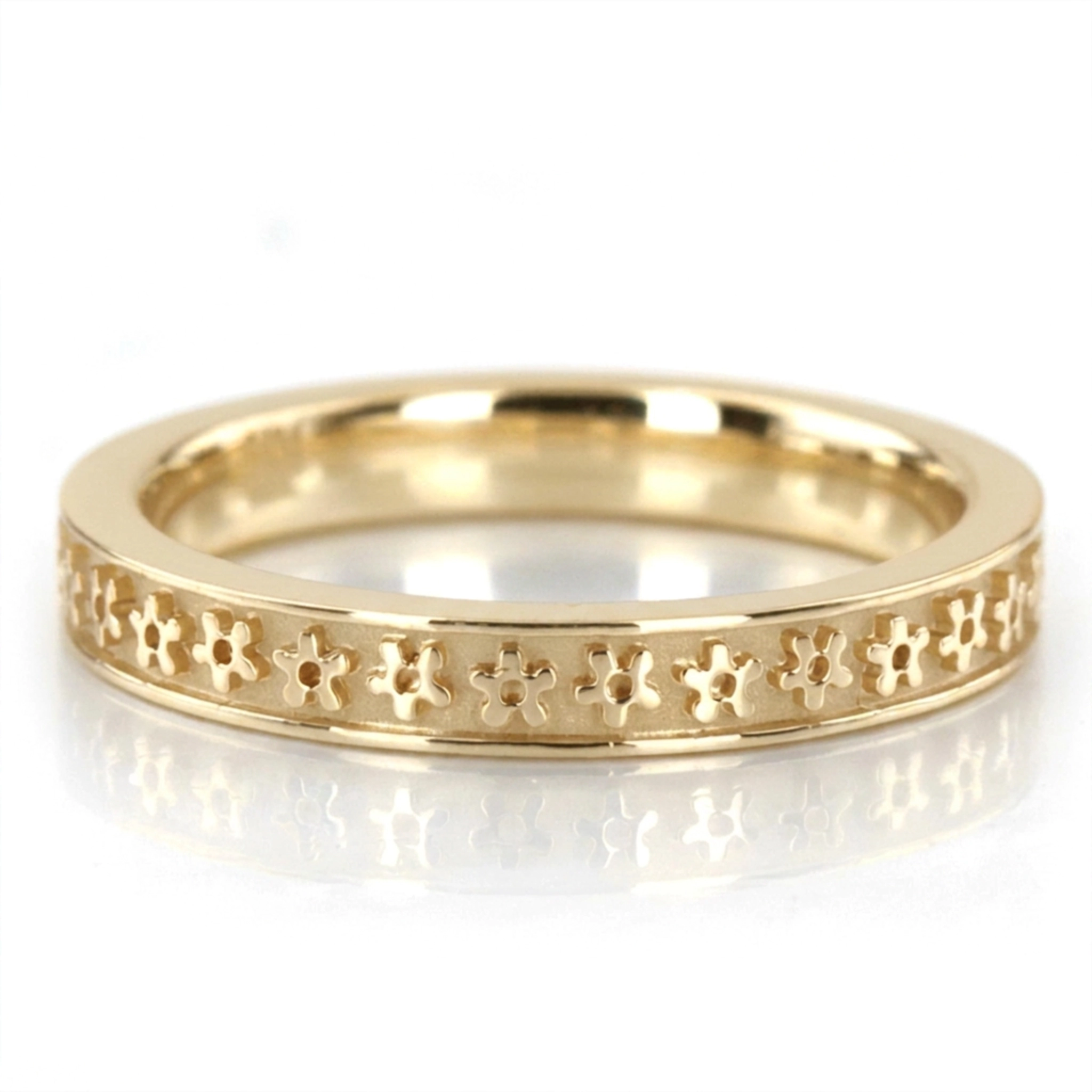 14K yellow gold 3mm. high polish Flower-Carved-Wedding-Ring - alternate view 2
