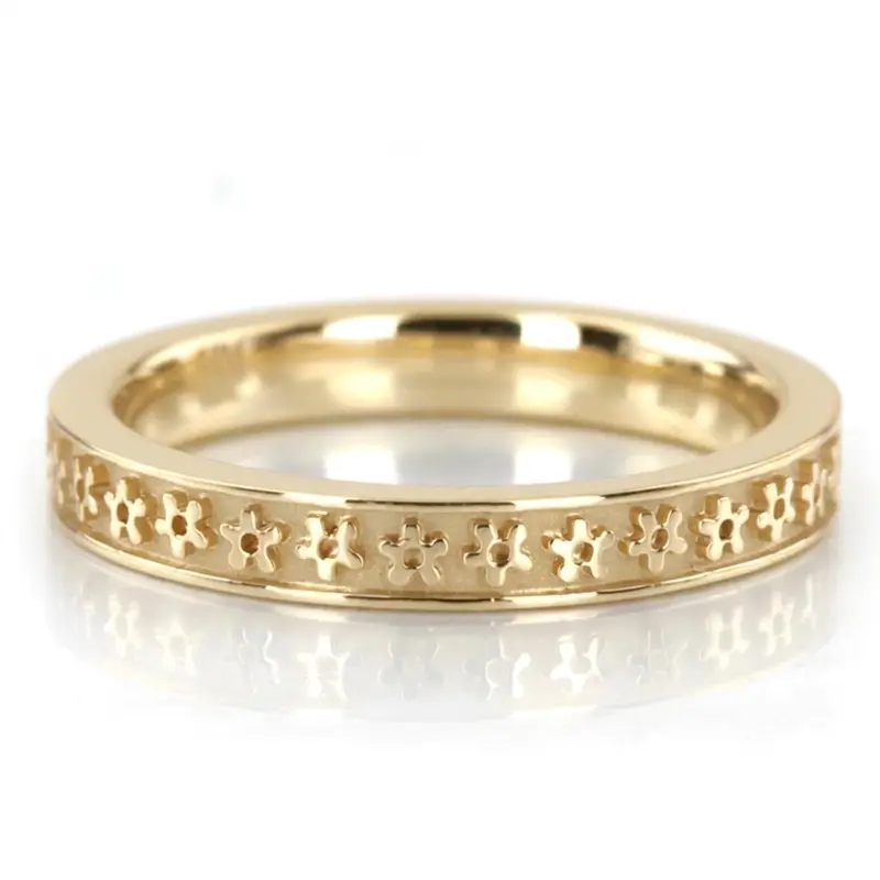10K yellow gold 3mm. high polish Flower-Carved-Wedding-Ring - alternate view 2