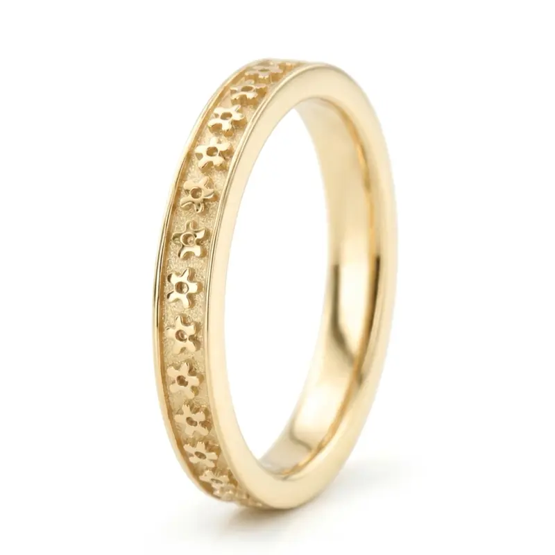 10K yellow gold 3mm. high polish Flower-Carved-Wedding-Ring - alternate view 4
