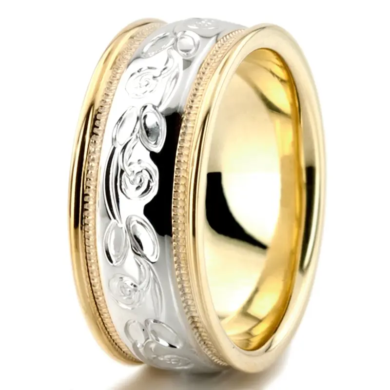 10K yellow-white-yellow gold 7mm. high polish fancy-carved-hand-engraved-wedding-band - alternate view 9