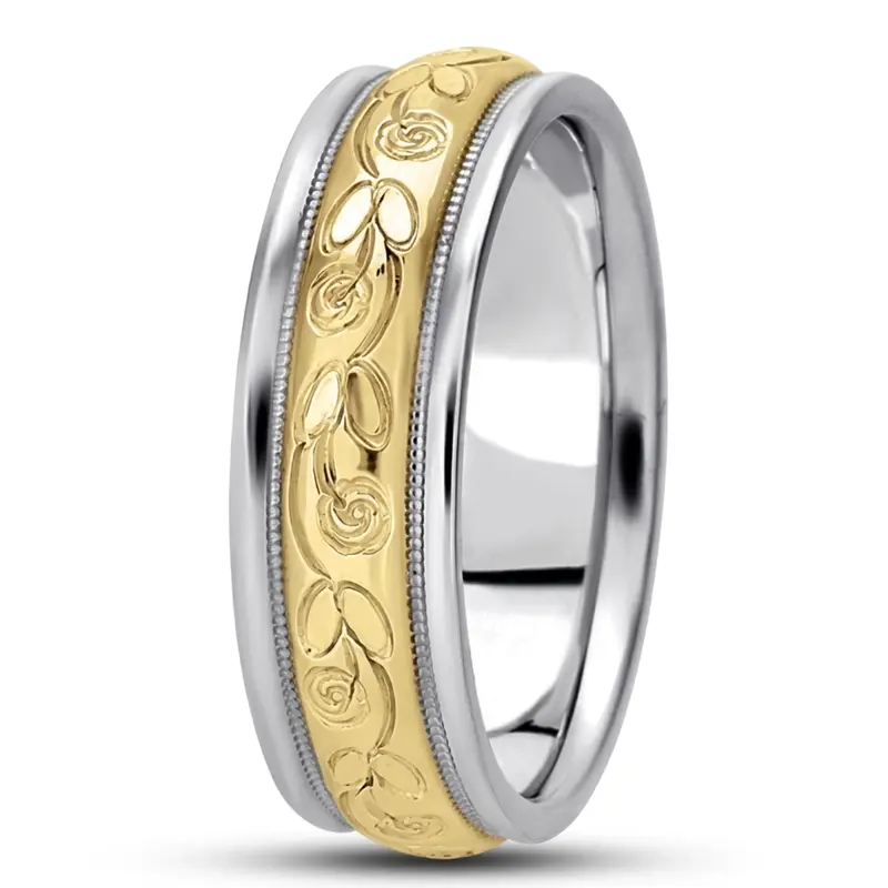10K white-yellow-white gold 7mm. high polish fancy-carved-hand-engraved-wedding-band - alternate view 8