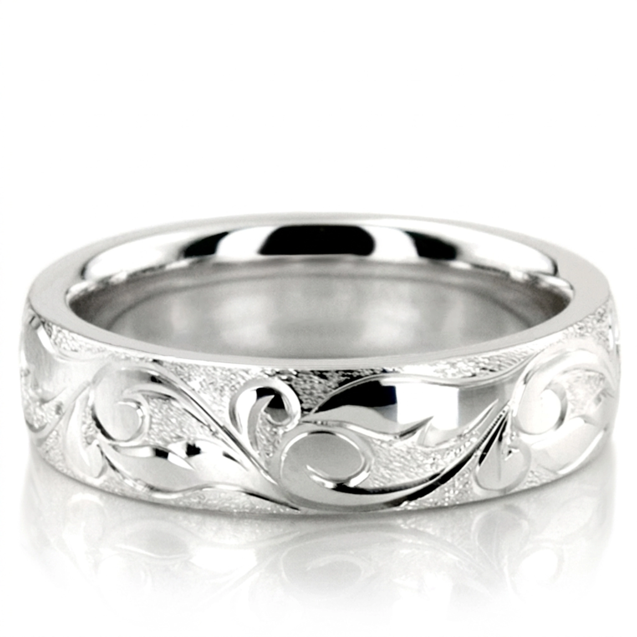 10K white gold 5mm. wire matte fancy-carved-hand-engraved-wedding-band - main view