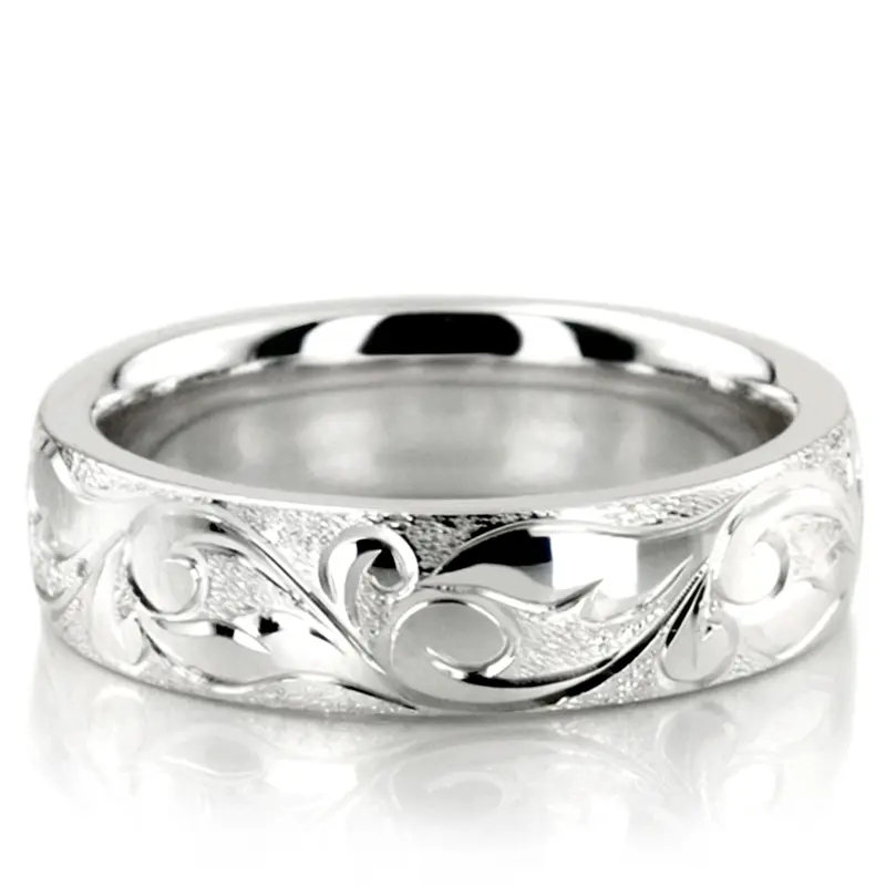 18K white gold 5mm. wire matte fancy-carved-hand-engraved-wedding-band - main view