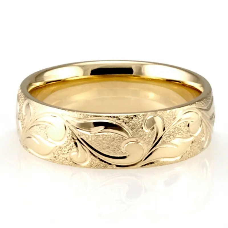 18K yellow gold 6mm. wire matte fancy-carved-hand-engraved-wedding-band - alternate view 3