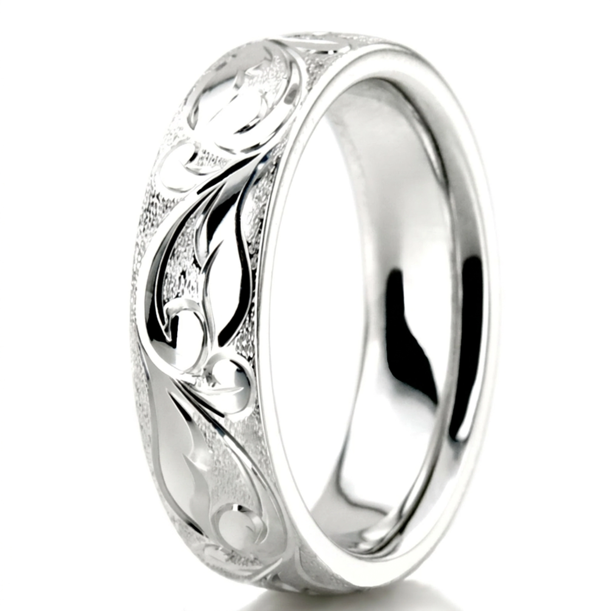 10K white gold 5mm. wire matte fancy-carved-hand-engraved-wedding-band - alternate view 4