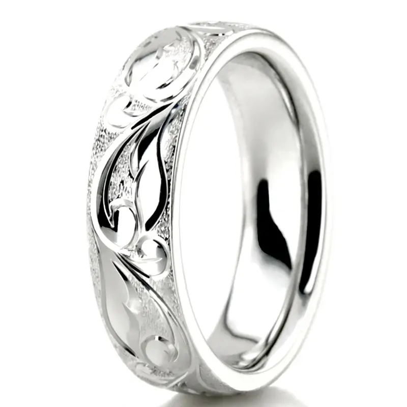 18K white gold 5mm. wire matte fancy-carved-hand-engraved-wedding-band - alternate view 4