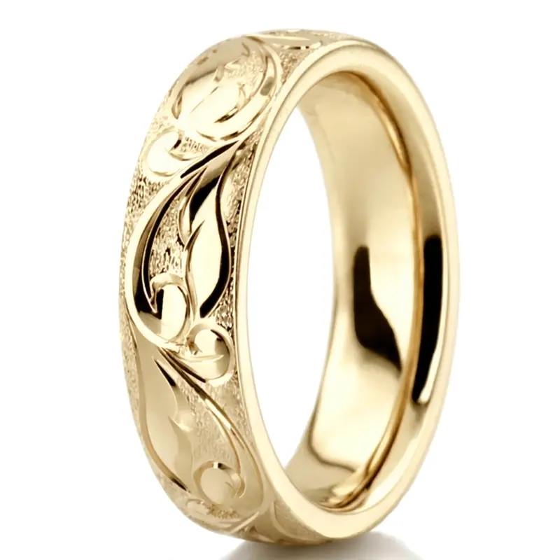 18K yellow gold 5mm. wire matte fancy-carved-hand-engraved-wedding-band - alternate view 5