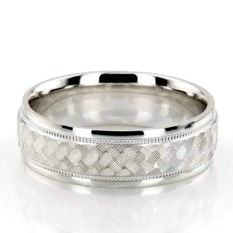 14K white gold 7mm. diamond cut fancy-carved-diamond-cut-wedding-ring - main view