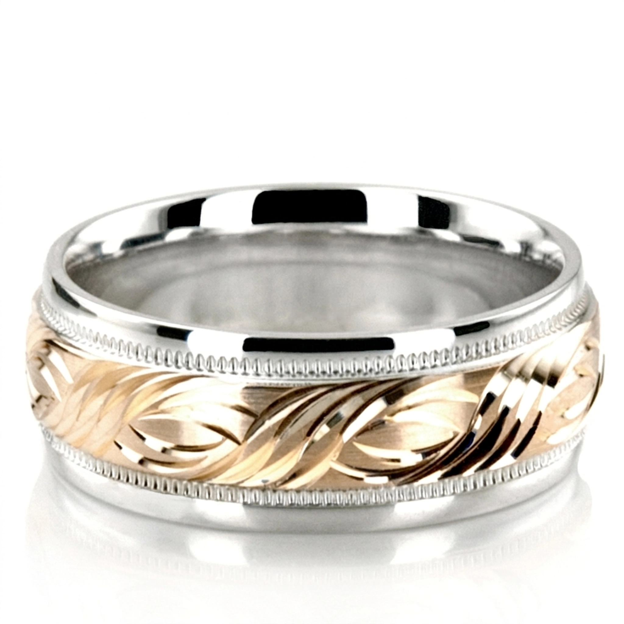 10K white-yellow-white gold 7mm. satin Exquisite-Fancy-Carved-Wedding-Ring - main view