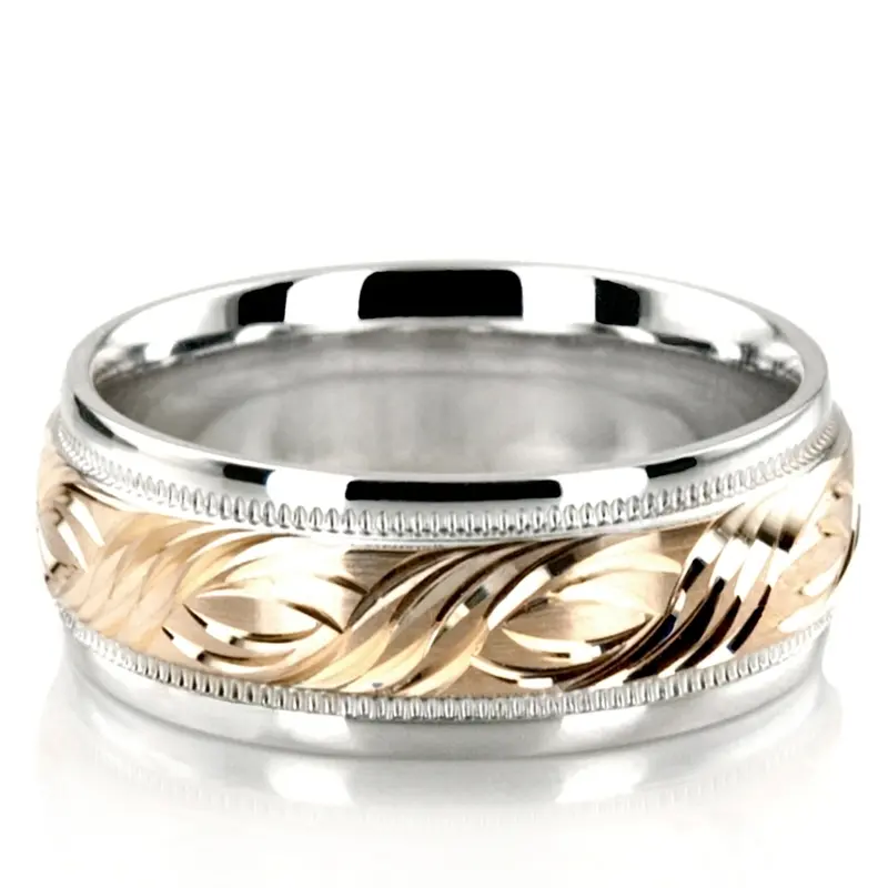 14K white-yellow-white gold 7mm. satin Exquisite-Fancy-Carved-Wedding-Ring - main view