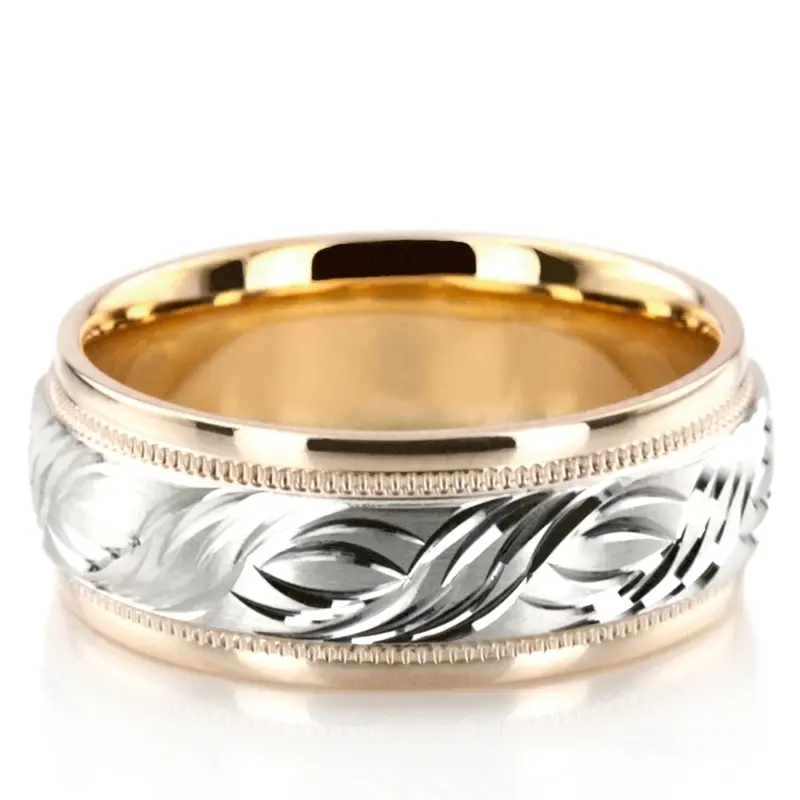 14K yellow-white-yellow gold 7mm. satin Exquisite-Fancy-Carved-Wedding-Ring - alternate view 2
