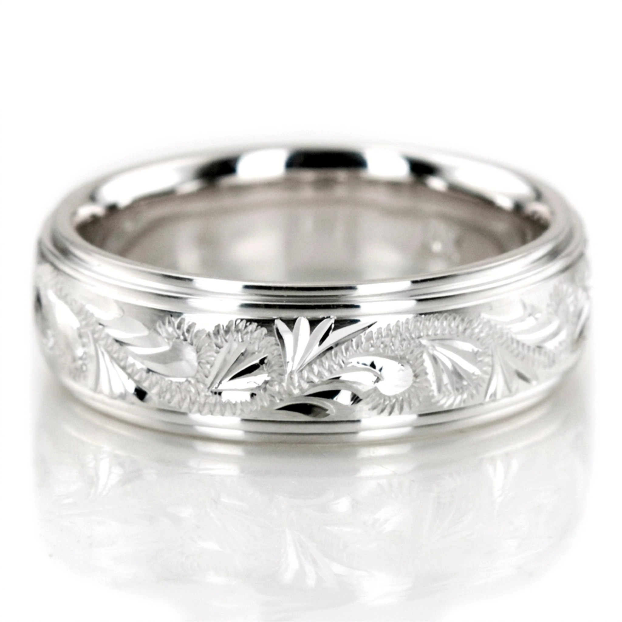 10K white gold 6mm. satin fancy-carved-diamond-cut-wedding-band - main view