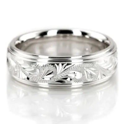 Exclusive Step Edge Carved Floral Design Wedding Band - view 1 of 6