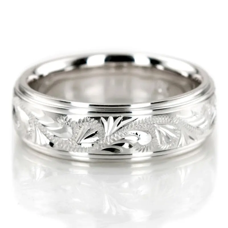 14K white gold 6mm. satin fancy-carved-diamond-cut-wedding-band - main view