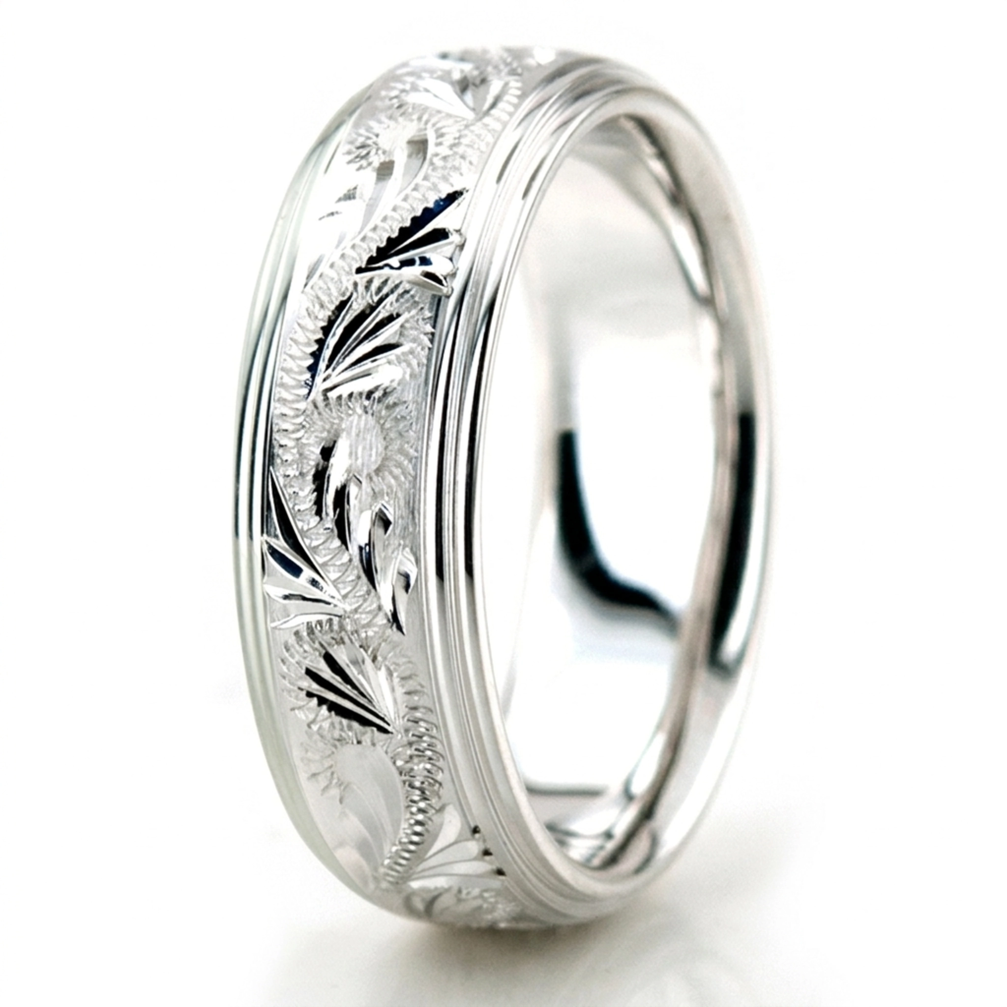 10K white gold 6mm. satin fancy-carved-diamond-cut-wedding-band - alternate view 4