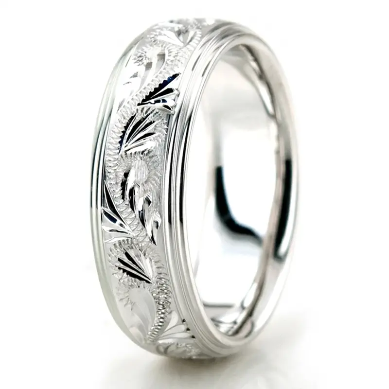 14K white gold 6mm. satin fancy-carved-diamond-cut-wedding-band - alternate view 4