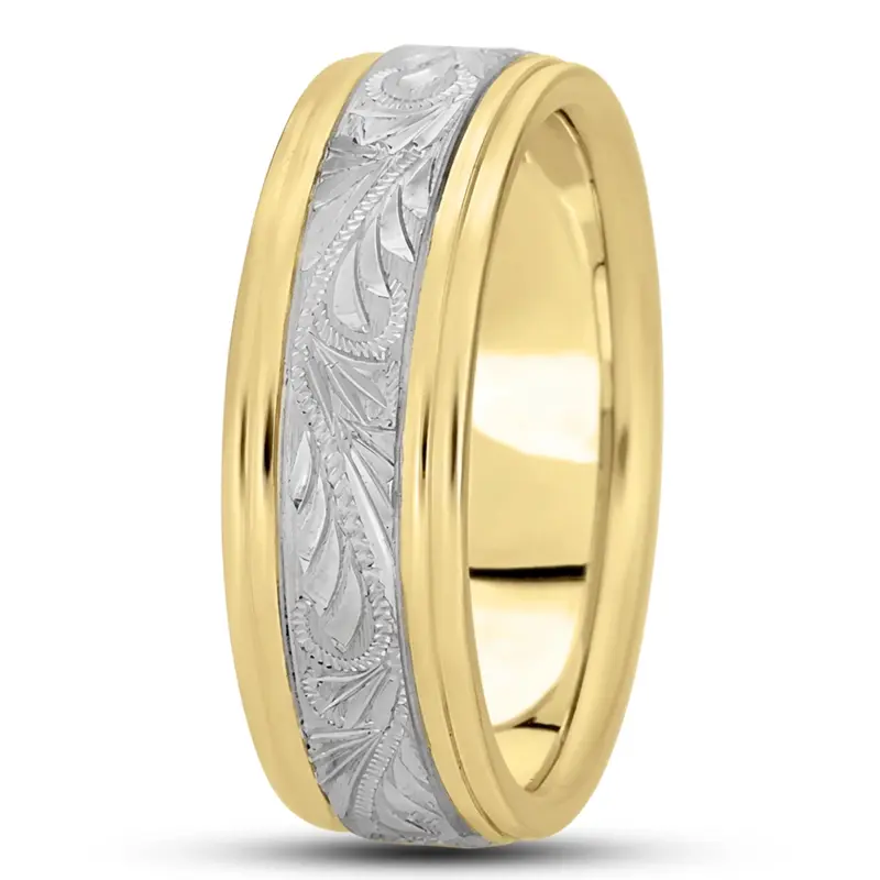 14K yellow-white-yellow gold 7mm. satin fancy-carved-diamond-cut-wedding-band - alternate view 3