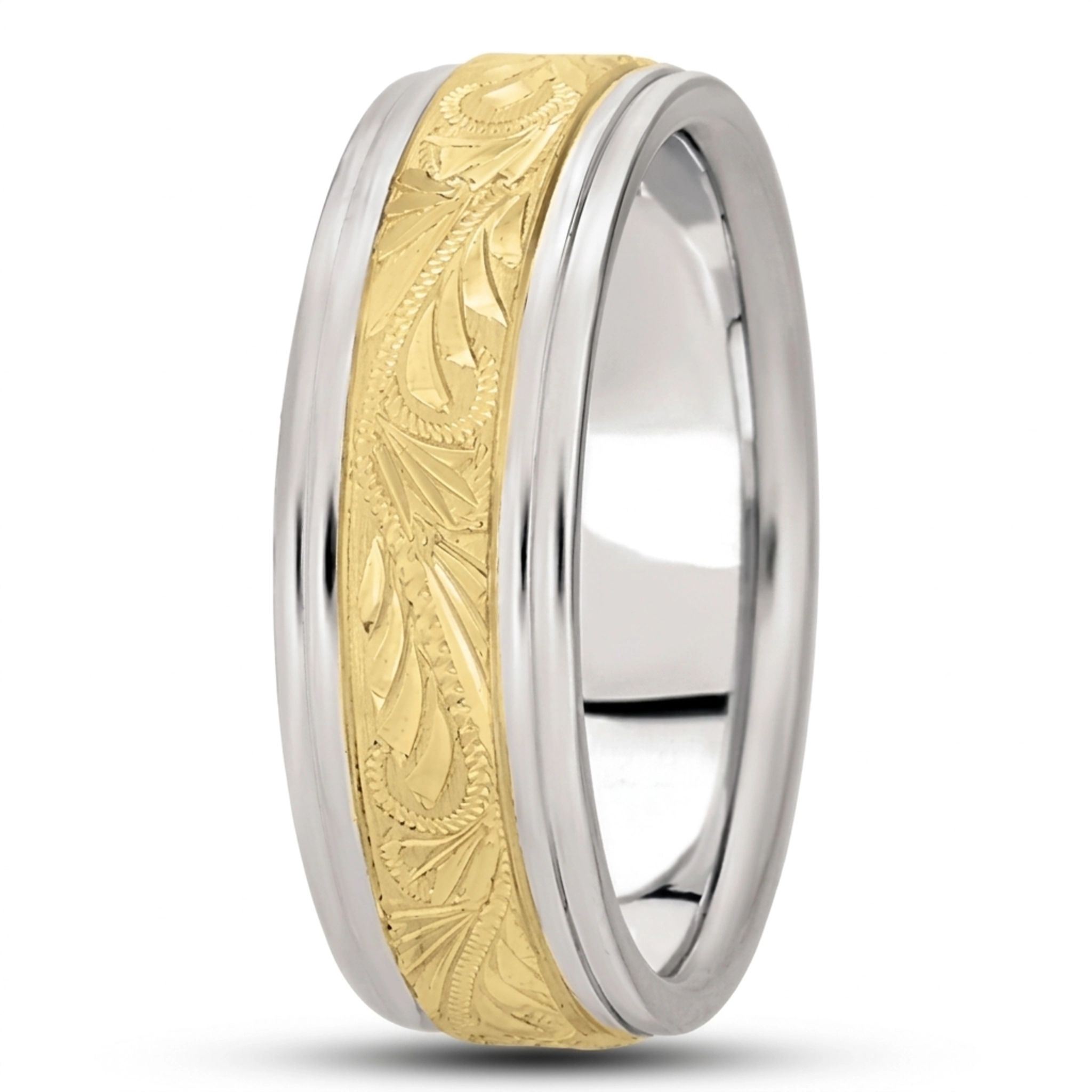 10K white-yellow-white gold 7mm. satin fancy-carved-diamond-cut-wedding-band - alternate view 6