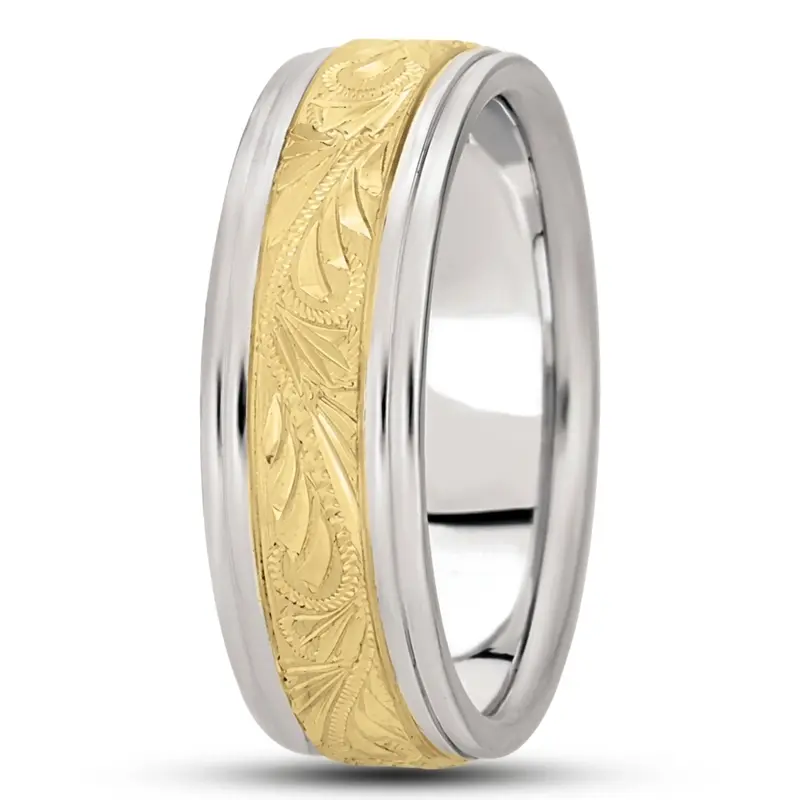 14K white-yellow-white gold 7mm. satin fancy-carved-diamond-cut-wedding-band - alternate view 6