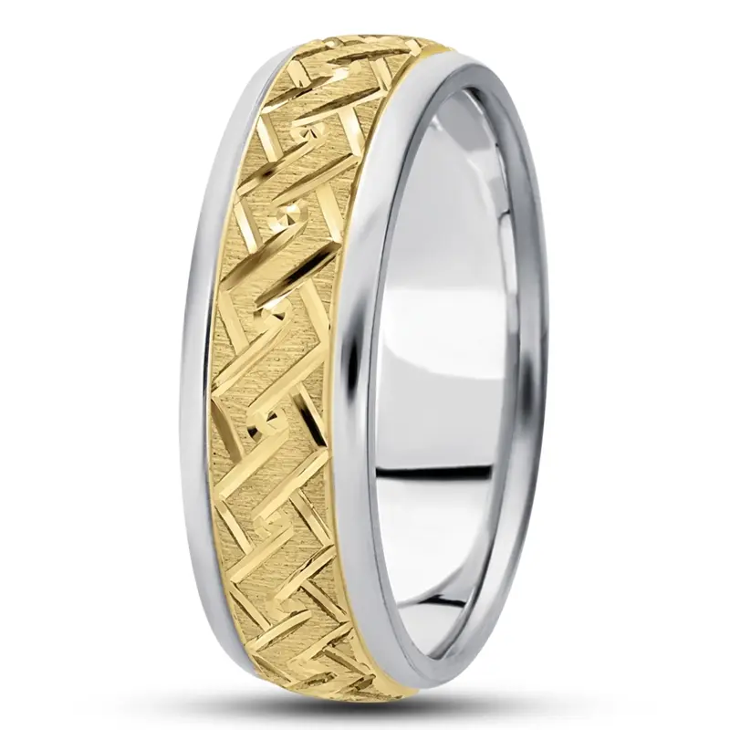 10K white-yellow-white gold 7mm. cross satin fancy-carved-diamond-cut-wedding-band - alternate view 4