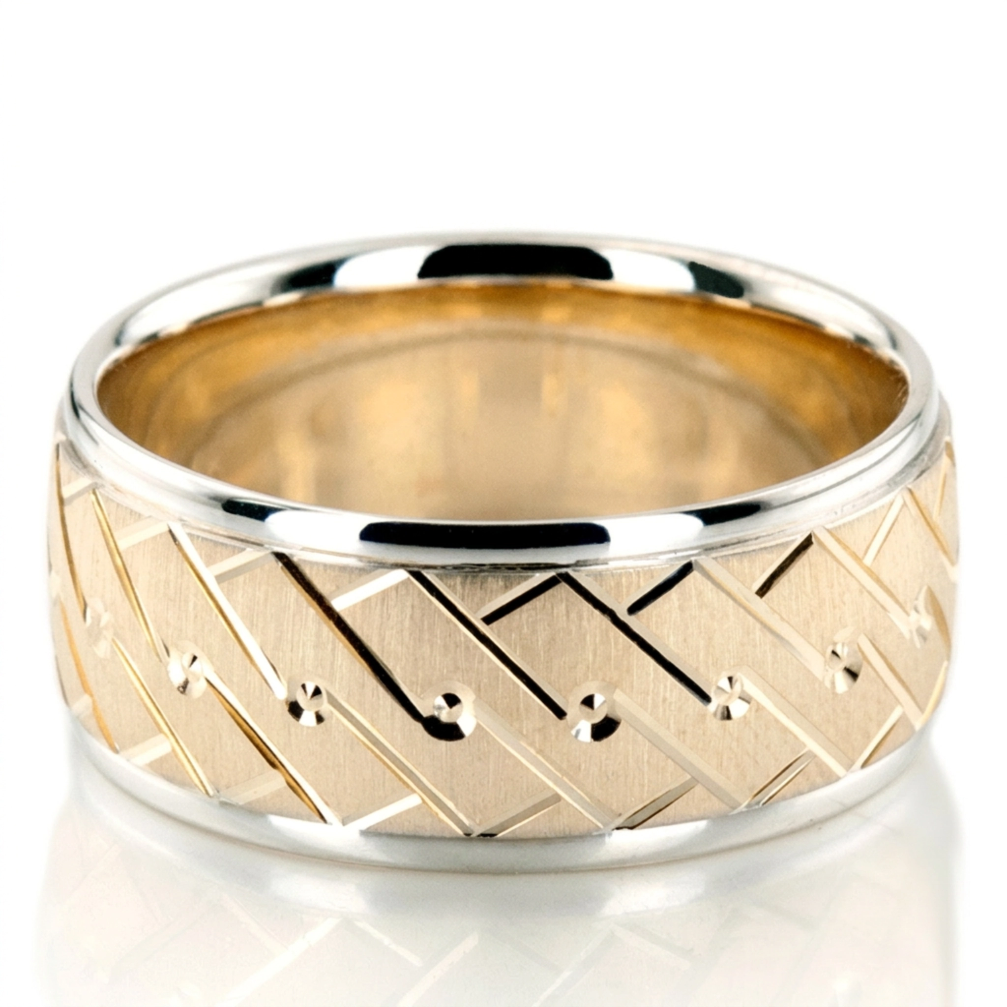 10K white-yellow-white gold 10mm. satin fancy-carved-diamond-cut-wedding-band - alternate view 2