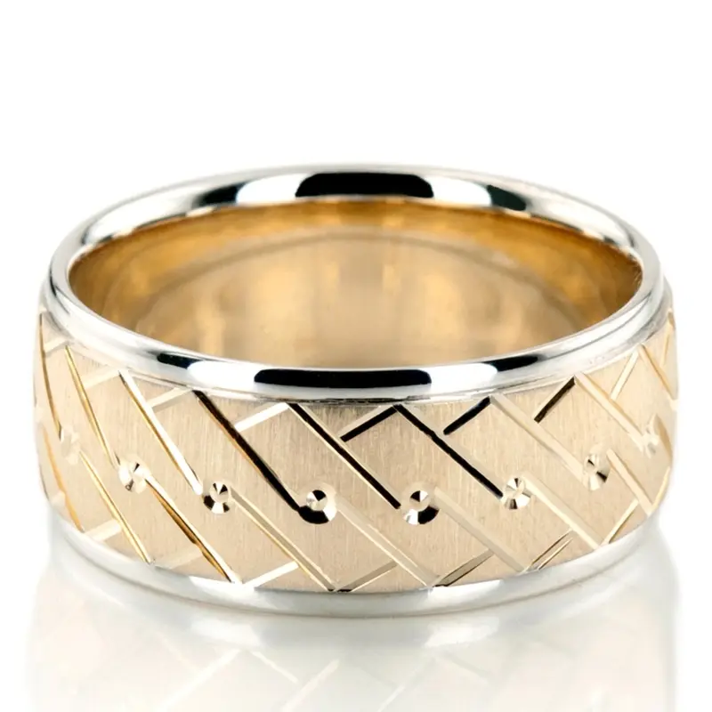 10K white-yellow-white gold 10mm. satin fancy-carved-diamond-cut-wedding-band - alternate view 3